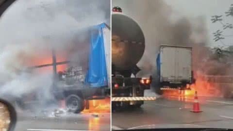 Na Rodovia Imigrantes, o caminhão pegou fogo no período da manhã - Imagem: reprodução redes sociais